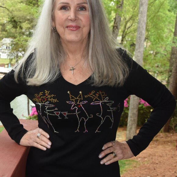 Christmas Deer Toasting  rhinestone bling long sleeved shirt XS S M L XL XXL 1X… - Picture 6 of 8